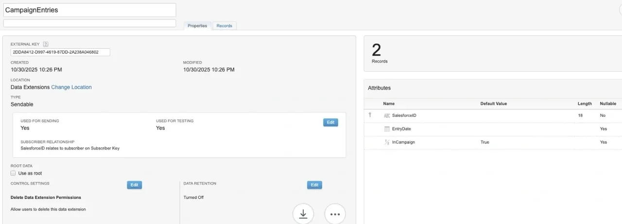 CampaignEntries Data Extension setup showing SalesforceId, EntryDate, and InCampaign fields