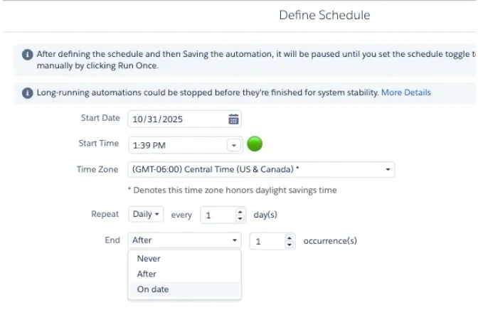 Define Schedule panel showing daily repeat, start date, timezone, and end options