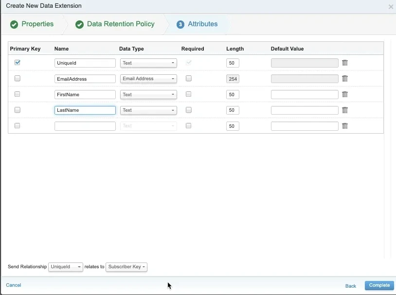 Creating a sendable Data Extension with UniqueId, EmailAddress, FirstName, LastName fields in Salesforce Marketing Cloud