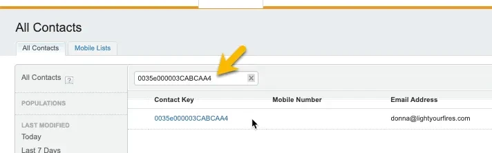 All Contacts view in Salesforce Marketing Cloud showing the Contact Key matching the Subscriber Key