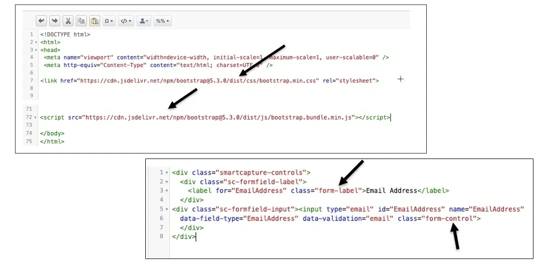 Content Builder HTML editor showing Bootstrap CDN link in the head and SmartCapture field markup with form-label and form-control classes