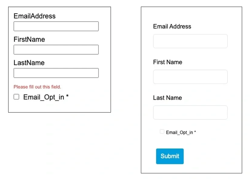 Side-by-side comparison: unstyled SmartCapture form on the left vs Bootstrap-styled form with proper labels and spacing on the right