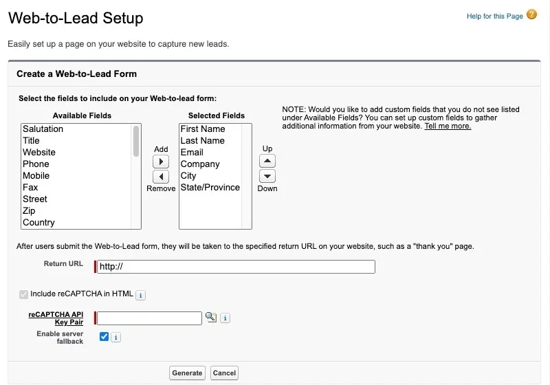 Salesforce Web-to-Lead Setup screen showing available fields, selected fields, return URL, and reCAPTCHA options