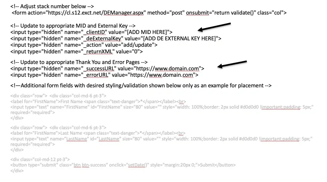 DEManager HTML form template showing stack number, MID, external key, success/error URL configuration, and example form fields