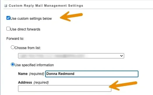 Custom Reply Mail Management Settings panel showing 'Use custom settings below' checked, 'Use specified information' selected, with Name and Address fields highlighted by orange arrows